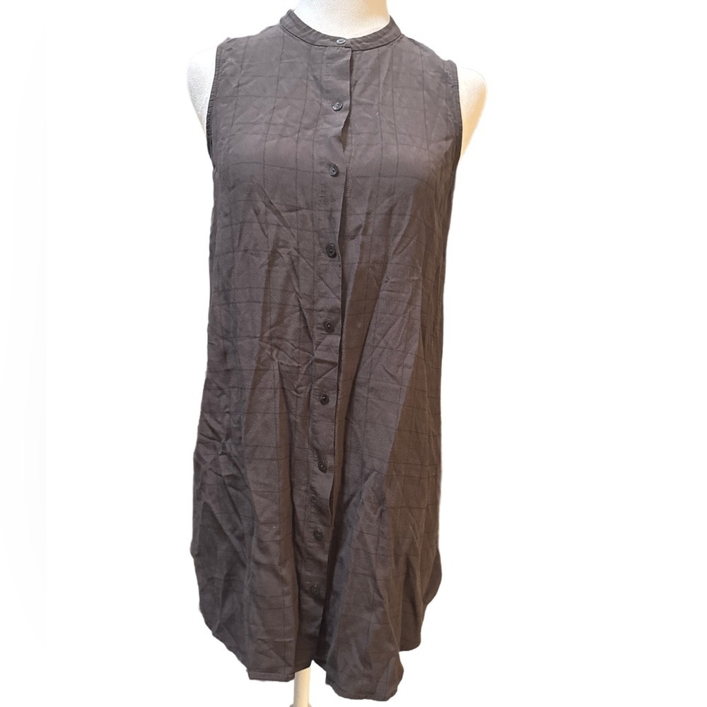Eileen Fisher Gray Box Pattern Button Up Sleeveless Tunic Top XS